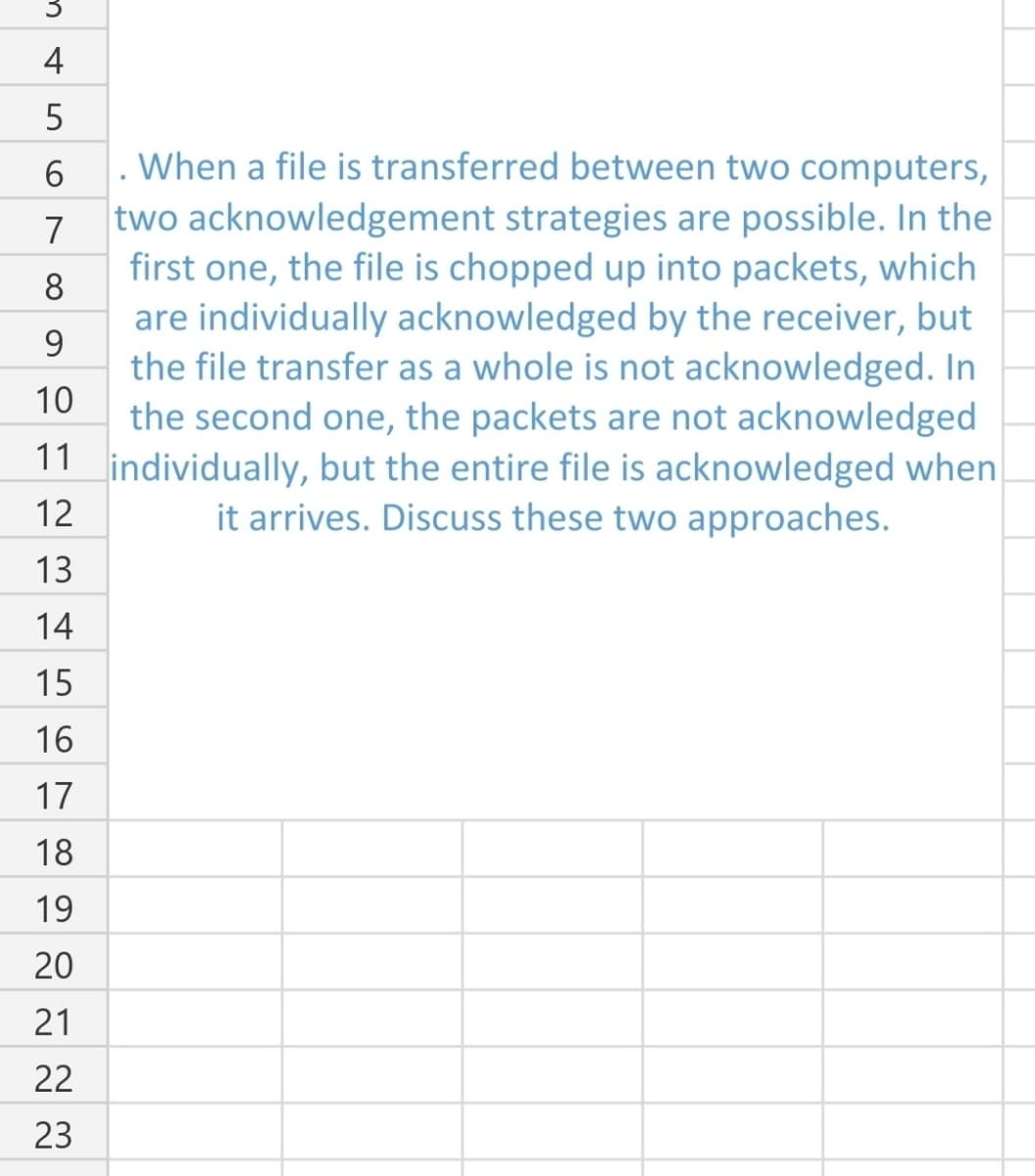 3
4
5
6
7
8
When a file is transferred between two computers,
two acknowledgement strategies are possible. In the
first one, the file is chopped up into packets, which
are individually acknowledged by the receiver, but
the file transfer as a whole is not acknowledged. In
the second one, the packets are not acknowledged
11 individually, but the entire file is acknowledged when
9
10
12
it arrives. Discuss these two approaches.
13
14
15
16
17
18
19
20
21
22
23
.