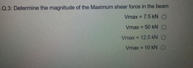 Q.3: Determine the magnitude of the Maximum shear force in the beam
Vmax = 7.5 kNO
%3D
Vmax = 50 kNO
Vmax = 12.5 kN O
Vmax = 10 kNO
