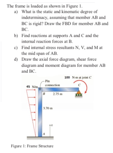 The frame is loaded as shown in Figure 1.
a) What is the static and kinematic degree of
indeterminacy, assuming that member AB and
BC is rigid? Draw the FBD for member AB and
BC.
b) Find reactions at supports A and C and the
internal reaction forces at B.
c) Find internal stress resultants N, V, and M at
the mid span of AB.
d) Draw the axial force diagram, shear force
diagram and moment diagram for member AB
and BC.
100 N-m at joint C
Pin
connection
45 N/m,
B
2.75 m
3.70 m
Figure 1: Frame Structure
