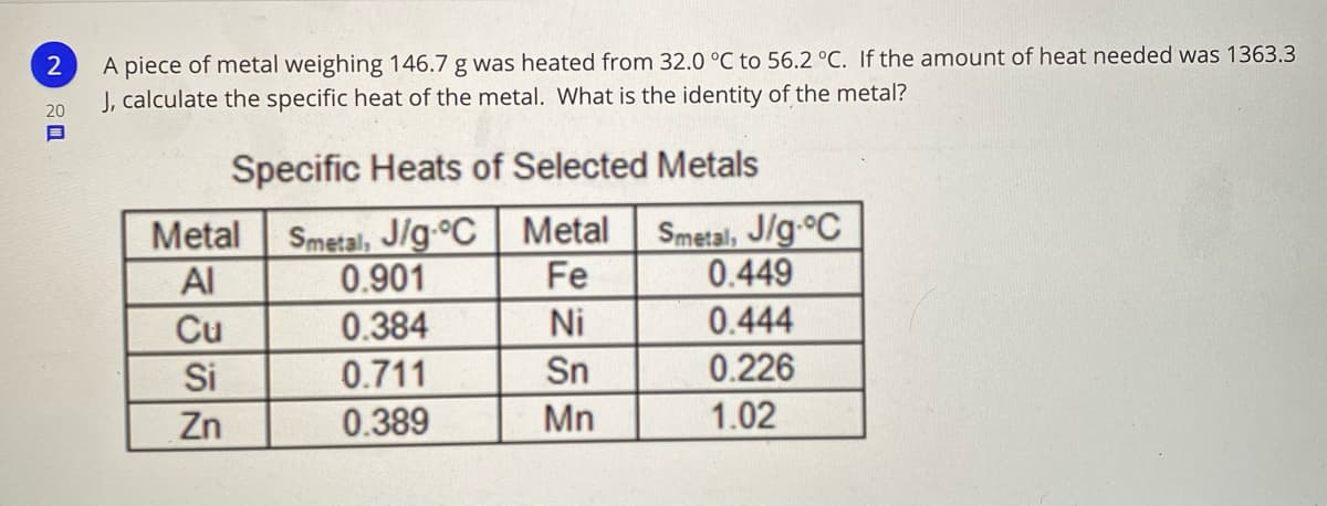 A piece of metal weighing 146.7 g was heated from 32.0 °C to 56.2 °C. If the amount of heat needed was 1363.3
J, calculate the specific heat of the metal. What is the identity of the metal?
20
Specific Heats of Selected Metals
Smetal, J/g-°C Metal
0.901
Smetal, J/g-°C
0.449
Metal
Al
Fe
Cu
0.384
Ni
0.444
Si
0.711
Sn
0.226
Zn
0.389
Mn
1.02
