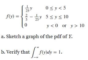 0 < y < 5
fV) = { ? - +y 5<y< 10
25
2
5
25
y < 0 or y> 10
a. Sketch a graph of the pdf of Y.
b. Verify that
fy)dy = 1.
