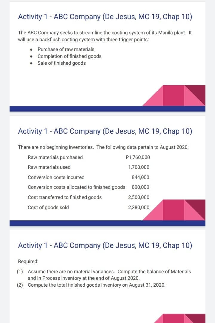 Activity 1 - ABC Company (De Jesus, MC 19, Chap 10)
The ABC Company seeks to streamline the costing system of its Manila plant. It
will use a backflush costing system with three trigger points:
• Purchase of raw materials
● Completion of finished goods
· Sale of finished goods
Activity 1 - ABC Company (De Jesus, MC 19, Chap 10)
There are no beginning inventories. The following data pertain to August 2020:
Raw materials purchased
Raw materials used
P1,760,000
1,700,000
Conversion costs incurred
844,000
Conversion costs allocated to finished goods 800,000
Cost transferred to finished goods
2,500,000
Cost of goods sold
2,380,000
Activity 1 - ABC Company (De Jesus, MC 19, Chap 10)
Required:
(1) Assume there are no material variances. Compute the balance of Materials
and In Process inventory at the end of August 2020.
(2) Compute the total finished goods inventory on August 31, 2020.