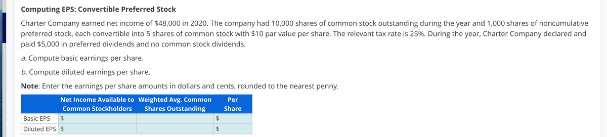 Computing EPS: Convertible Preferred Stock
Charter Company earned net income of $48,000 in 2020. The company had 10,000 shares of common stock outstanding during the year and 1,000 shares of noncumulative
preferred stock, each convertible into 5 shares of common stock with $10 par value per share. The relevant tax rate is 25%. During the year, Charter Company declared and
paid $5,000 in preferred dividends and no common stock dividends.
a. Compute basic earnings per share.
b. Compute diluted earnings per share.
Note: Enter the earnings per share amounts in dollars and cents, rounded to the nearest penny.
Net Income Available to Weighted Avg. Common
Shares Outstanding
Per
Common Stockholders
Share
Basic EPS
2$
$
Diluted EPS $
