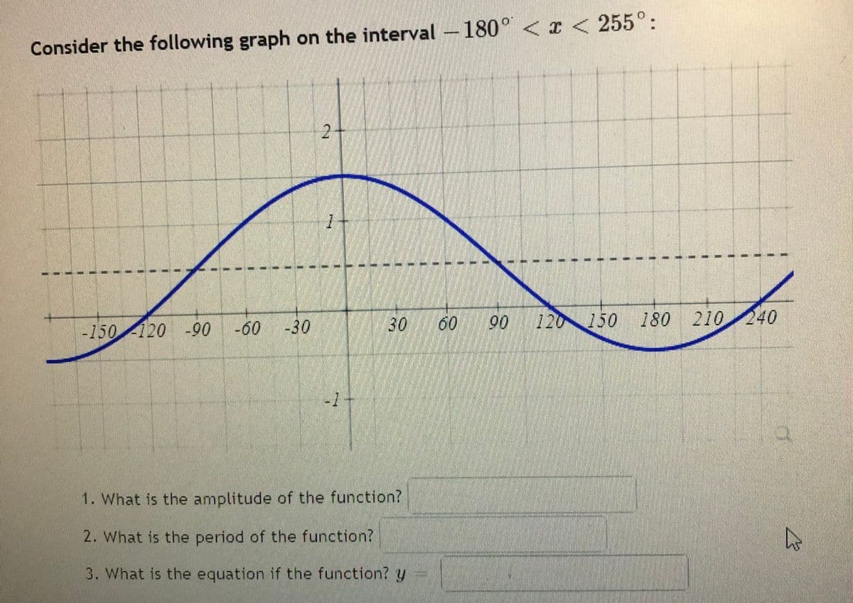 Consider the following graph on the interval-180° < r < 255°:
--
-150 120 -90
-60 -30
30 60 90 12050 180 210240
1. What is the amplitude of the function?
2. What is the period of the function?
3. What is the equation if the function? y
