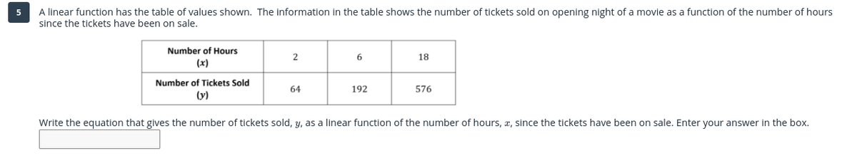 A linear function has the table of values shown. The information in the table shows the number of tickets sold on opening night of a movie as a function of the number of hours
since the tickets have been on sale.
5
Number of Hours
2
6
18
(x)
Number of Tickets Sold
64
192
576
(y)
Write the equation that gives the number of tickets sold, y, as a linear function of the number of hours, x, since the tickets have been on sale. Enter your answer in the box.
