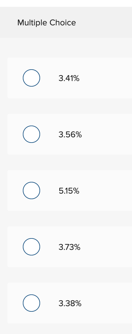 Multiple Choice
3.41%
3.56%
5.15%
3.73%
3.38%
