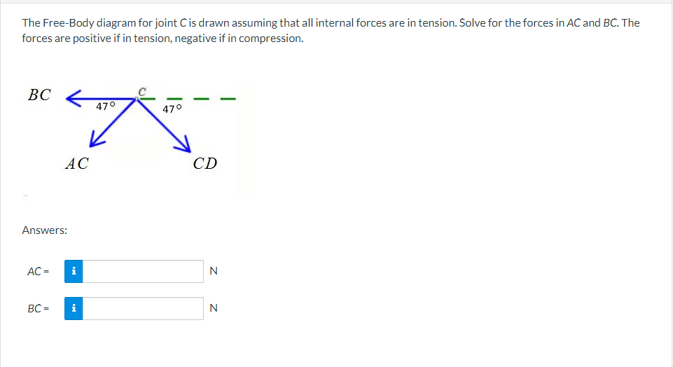 The Free-Body diagram for joint Ċ is drawn assuming that all internal forces are in tension. Solve for the forces in AC and BC. The
forces are positive if in tension, negative if in compression.
BC
Answers:
AC =
BC=
47°
A
AC
i
i
47°
CD
N
N