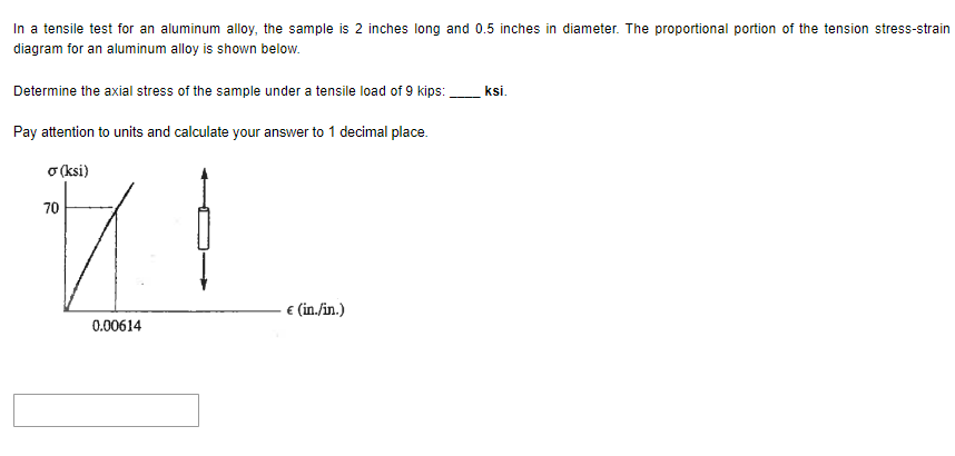 In a tensile test for an aluminum alloy, the sample is 2 inches long and 0.5 inches in diameter. The proportional portion of the tension stress-strain
diagram for an aluminum alloy is shown below.
Determine the axial stress of the sample under a tensile load of 9 kips:
Pay attention to units and calculate your answer to 1 decimal place.
σ (ksi)
70
0.00614
€ (in./in.)
ksi.