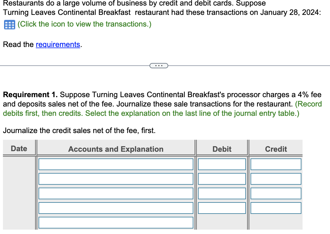 Restaurants do a large volume of business by credit and debit cards. Suppose
Turning Leaves Continental Breakfast restaurant had these transactions on January 28, 2024:
(Click the icon to view the transactions.)
Read the requirements.
Requirement 1. Suppose Turning Leaves Continental Breakfast's processor charges a 4% fee
and deposits sales net of the fee. Journalize these sale transactions for the restaurant. (Record
debits first, then credits. Select the explanation on the last line of the journal entry table.)
Journalize the credit sales net of the fee, first.
Date
Accounts and Explanation
Debit
Credit