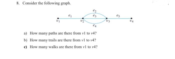 8. Consider the following graph.
e2
ez
es
v3
a) How many paths are there from vl to v4?
b) How many trails are there from vl to v4?
c) How many walks are there from vl to v4?
