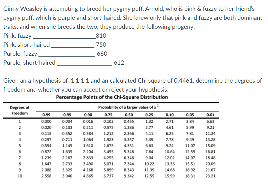 Ginny Weasley is attempting to breed her pygmy puff, Arnold, who is pink & fuzzy to her friend's
pygmy puff, which is purple and short-haired. She knew only that pink and fuzzy are both dominant
traits, and when she breeds the two, they produce the following progeny:
Pink, fuzzy
810
Pink, short-haired
750
Purple, fuzzy,
660
Purple, short-haired
612
Given an a hypothesis of 1:1:1:1 and an calculated Chi square of 0.4461, determine the degrees of
freedom and whether you can accept or reject your hypothesis.
Percentage Points of the Chi-Square Distribution
Degrees of
Probability of a larger value of x?
Freedom
0.99
0.95
0.90
0.75
0.50
0.25
0.10
0.05
0.01
1
0.000
0.004
0.016
0.102
0.455
1.32
2.71
3.84
6.63
2
0.020
0.103
0.211
0.575
1.386
2.77
4.61
5.99
9.21
3
0.115
0.352
0.584
1.212
2.366
4.11
6.25
7.81
11.34
4
0.297
0.711
1.064
1.923
3.357
5.39
78.ר
9.49
13.28
5
0.554
1.145
1.610
2.675
4.351
6.63
9.24
11.07
15.09
6
0.872
1.635
2.204
3.455
5.348
7.84
10.64
12.59
16.81
7
1.239
2.167
2.833
4.255
6.346
9.04
12.02
14.07
18.48
8
1.647
2.733
3.490
5.071
7.344
10.22
13.36
15.51
20.09
9
2.088
3.325
4.168
5.899
8.343
11.39
14.68
16.92
21.67
10
2.558
3.940
4.865
6.737
9.342
12.55
15.99
18.31
23.21
