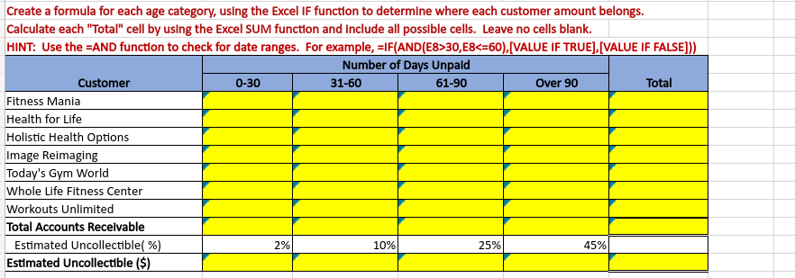 Create a formula for each age category, using the Excel IF function to determine where each customer amount belongs.
Calculate each "Total" cell by using the Excel SUM function and Include all possible cells. Leave no cells blank.
HINT: Use the =AND function to check for date ranges. For example, =IF(AND(E8>30,E8<=60),[VALUE IF TRUE],[VALUE IF FALSE]))
Number of Days Unpald
Customer
0-30
31-60
61-90
Over 90
Total
Fitness Mania
Health for Life
Holistic Health Options
Image Reimaging
Today's Gym World
Whole Life Fitness Center
Workouts Unlimited
Total Accounts Recelvable
Estimated Uncollectible( %)
Estimated Uncollectible ($)
2%
10%
25%
45%
