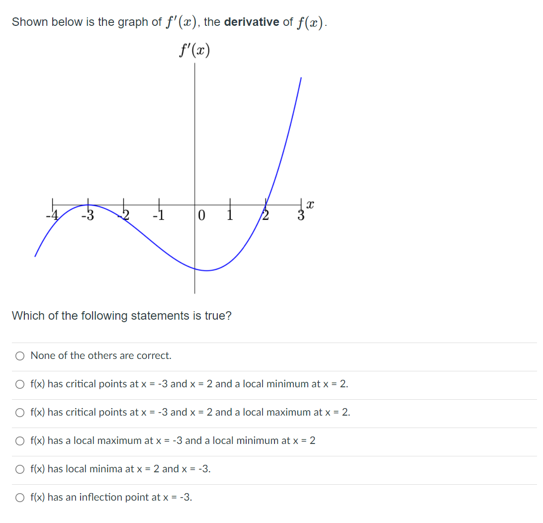 Shown below is the graph of f'(x), the derivative of f(x).
f'(x)
of
Which of the following statements is true?
O None of the others are correct.
O f(x) has critical points at x = -3 and x = 2 and a local minimum at x = 2.
O f(x) has critical points at x = -3 and x = 2 and a local maximum at x = 2.
O f(x) has a local maximum at x = -3 and a local minimum at x = 2
O f(x) has local minima at x = 2 and x = -3.
O f(x) has an inflection point at x = -3.
