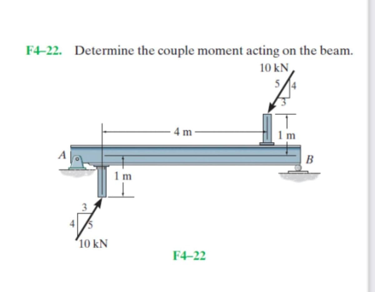 F4-22. Determine the couple moment acting on the beam.
10 kN
5.
4 m
1 m
B
1 m
3
'10 kN
F4-22
