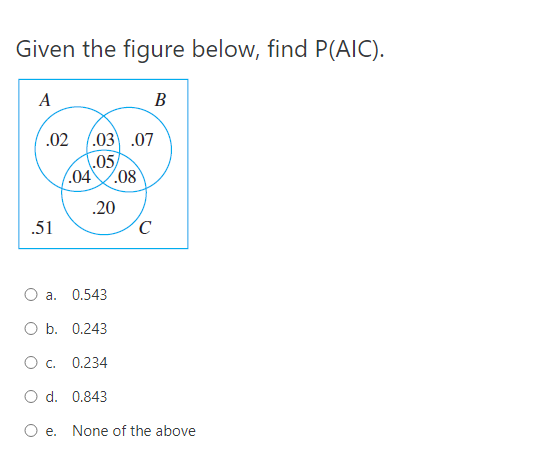 Given the figure below, find P(AIC).
A
B
7.03 .07
.05
(.04.08
.02
.20
.51
a.
0.543
O b. 0.243
0.234
O d. 0.843
Oe.
None of the above

