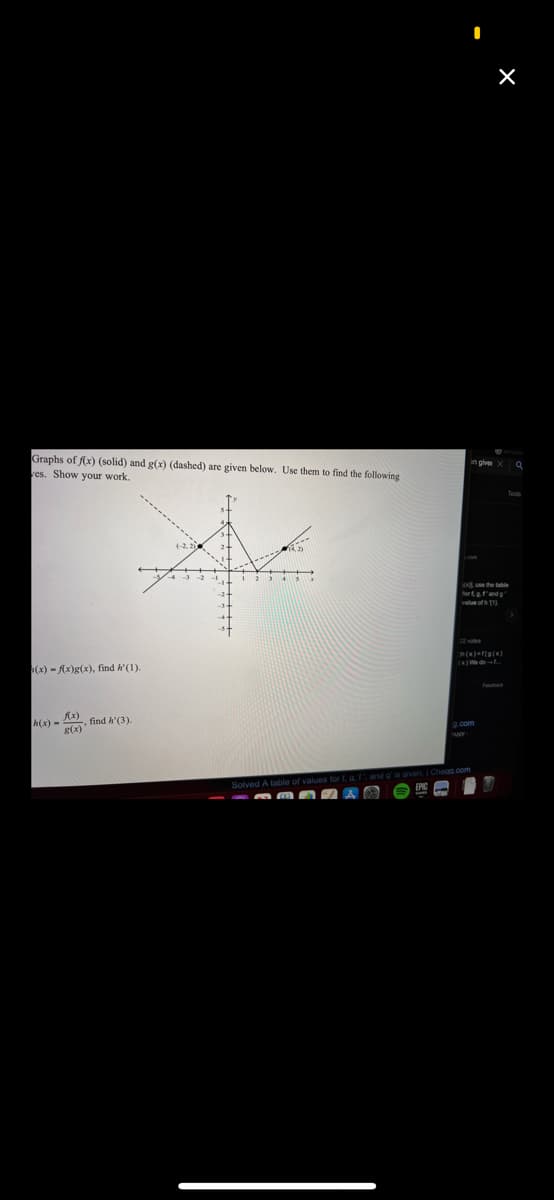 Graphs of f(x) (solid) and g(x) (dashed) are given below. Use them to find the following
yes. Show your work.
tethe table
fortf'and
value of T
22 votes
(N) We doL
(x) - Ax)g(x), find h'(1)
Ax)
h(x) - , find h'(3).
g(x)
Solved A table of values for f, a. f and g'
