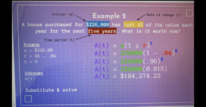 Initial (a)
Example 2
Rate of change (r)
A house purchased for $226,000 has lost 4% of its value each
year for the past five years. What is it worth now?
Time period (t)
Knowns
$226,00
= 4% - .04
t = 5
A(t) = a(1 ± r)*
A(t) = 226e00 (1 - .04)5
A(t) = 2260ee (.96)5
A(t) =
A(t) =
%3D
%3D
r
%3D
22000 (0.815)
$184,274.23
%3D
Unknown
A(t)
Substitute & solve
