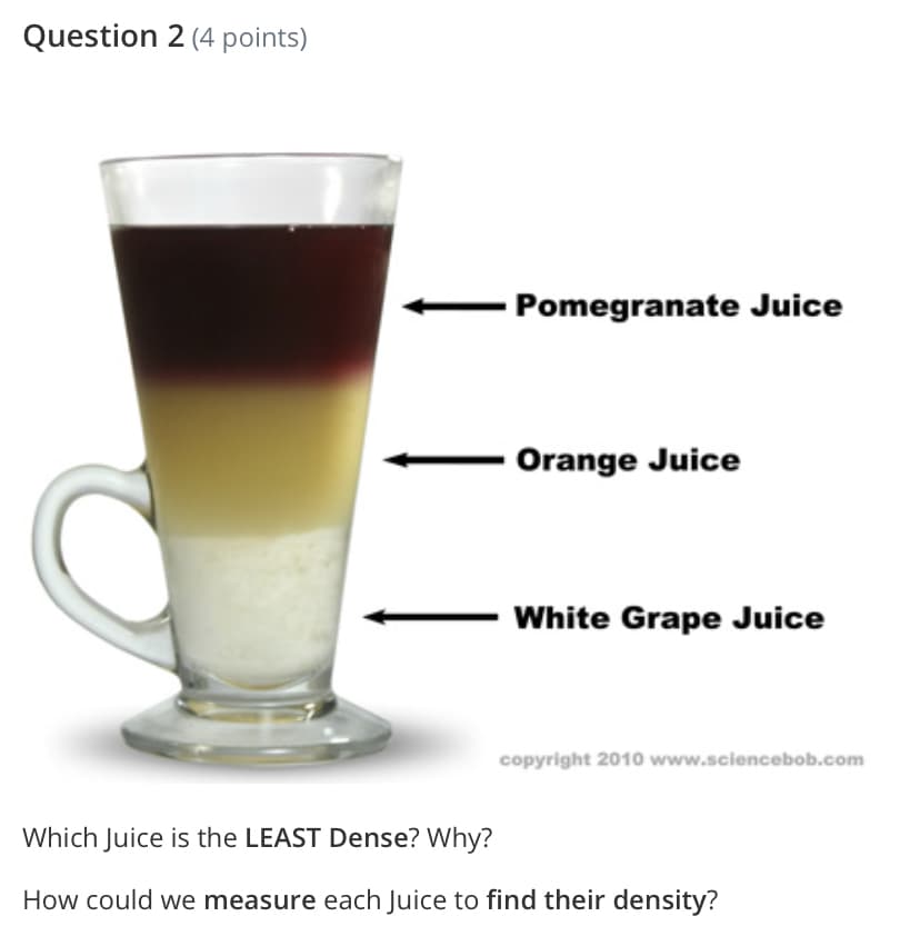 Question 2 (4 points)
Pomegranate Juice
Orange Juice
White Grape Juice
copyright 2010 www.sciencebob.com
Which Juice is the LEAST Dense? Why?
How could we measure each Juice to find their density?
