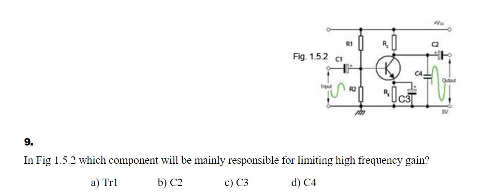 RI
R.
C2
Fig. 1.5.2 cI
C4.
Outout
Input
R2
ov
9.
In Fig 1.5.2 which component will be mainly responsible for limiting high frequency gain?
а) Trl
b) C2
с) СЗ
d) С4
