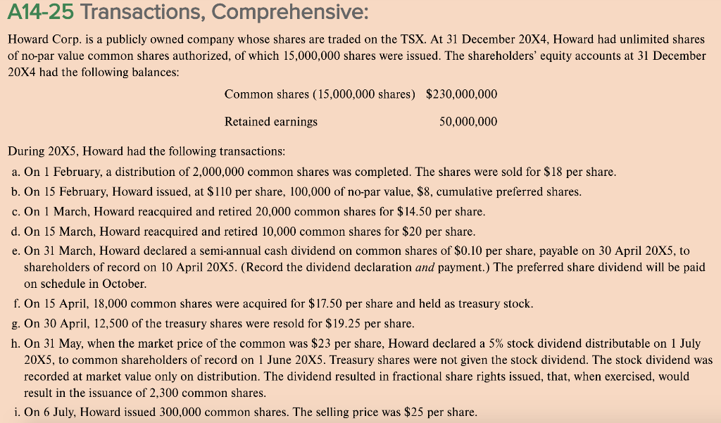 A14-25 Transactions, Comprehensive:
Howard Corp. is a publicly owned company whose shares are traded on the TSX. At 31 December 20X4, Howard had unlimited shares
of no-par value common shares authorized, of which 15,000,000 shares were issued. The shareholders' equity accounts at 31 December
20X4 had the following balances:
Common shares (15,000,000 shares) $230,000,000
Retained earnings
50,000,000
During 20X5, Howard had the following transactions:
a. On 1 February, a distribution of 2,000,000 common shares was completed. The shares were sold for $18 per share.
b. On 15 February, Howard issued, at $110 per share, 100,000 of no-par value, $8, cumulative preferred shares.
c. On 1 March, Howard reacquired and retired 20,000 common shares for $14.50 per share.
d. On 15 March, Howard reacquired and retired 10,000 common shares for $20 per share.
e. On 31 March, Howard declared a semi-annual cash dividend on common shares of $0.10 per share, payable on 30 April 20X5, to
shareholders of record on 10 April 20X5. (Record the dividend declaration and payment.) The preferred share dividend will be paid
on schedule in October.
f. On 15 April, 18,000 common shares were acquired for $17.50 per share and held as treasury stock.
g. On 30 April, 12,500 of the treasury shares were resold for $19.25 per share.
h. On 31 May, when the market price of the common was $23 per share, Howard declared a 5% stock dividend distributable on 1 July
20X5, to common shareholders of record on 1 June 20X5. Treasury shares were not given the stock dividend. The stock dividend was
recorded at market value only on distribution. The dividend resulted in fractional share rights issued, that, when exercised, would
result in the issuance of 2,300 common shares.
i. On 6 July, Howard issued 300,000 common shares. The selling price was $25 per share.
