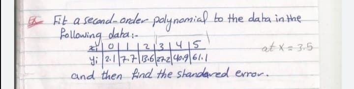 h Fit a second-order polynomial to the daha in the
kollowing daha-
0|2 31415
yi 2.17.7|13.6|27240.9 61.1
atx=3.5
and then find the standared error.
