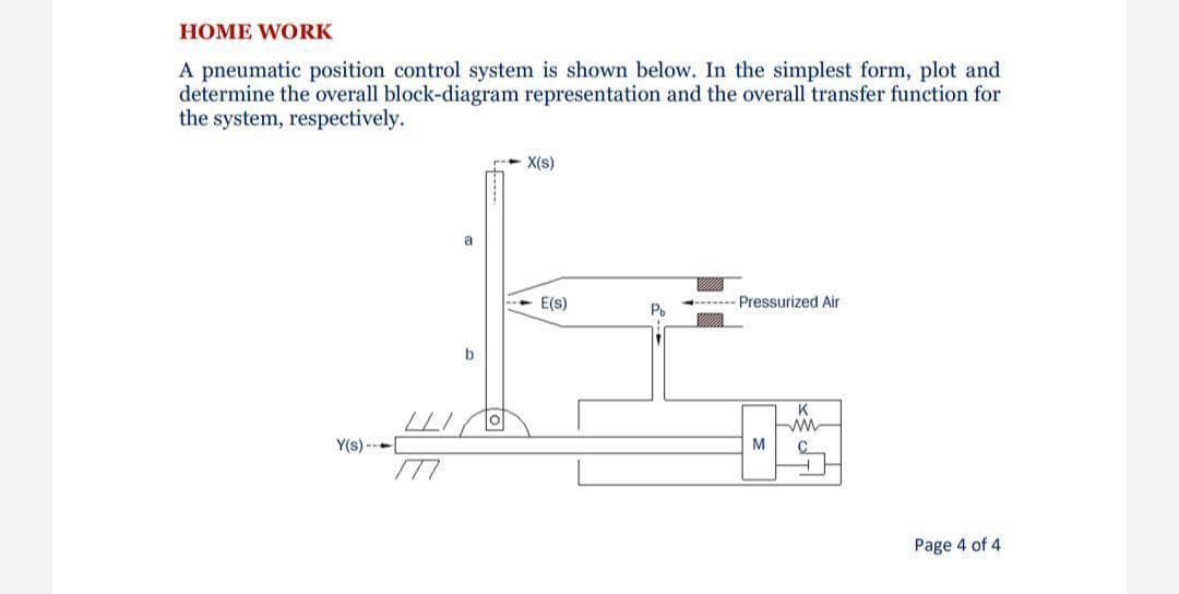 HOME WORK
A pneumatic position control system is shown below. In the simplest form, plot and
determine the overall block-diagram representation and the overall transfer function for
the system, respectively.
- X(s)
a
E(s)
------- Pressurized Air
Po
b
K
Y(s) ---[
M
Page 4 of 4
