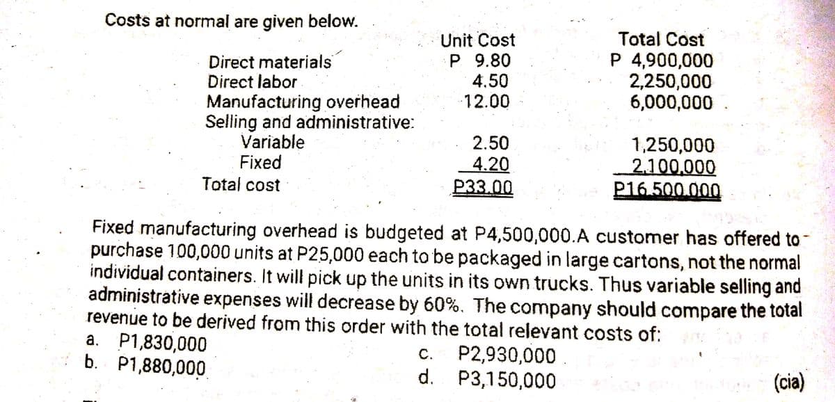 Costs at normal are given below.
Unit Cost
P 9.80
4.50
12.00
Total Cost
P 4,900,000
2,250,000
6,000,000
Direct materials
Direct labor
Manufacturing overhead
Selling and administrative:
Variable
Fixed
Total cost
2.50
4.20
P33.00
1,250,000
2.100,000
P16.500.000
Fixed manufacturing overhead is budgeted at P4,500,000.A customer has offered to
purchase 100,000 units at P25,000 each to be packaged in large cartons, not the normal
individual containers. It will pick up the units in its own trucks. Thus variable selling and
administrative expenses will decrease by 60%. The company should compare the total
revenue to be derived from this order with the total relevant costs of:
a. P1,830,000
b. P1,880,000
P2,930,000
d. P3,150,000
C.
(cia)
