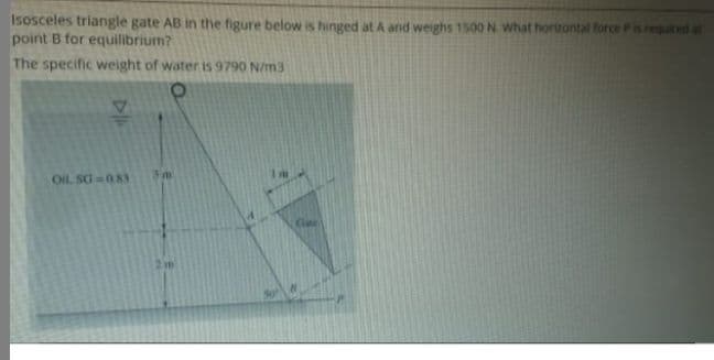 Isosceles triangle gate AB in the figure below is hinged at A and weighs 150o N. What hortzontal force Pis required at
point B for equilibrium?
The specific weight of water is 9790 N/m3
Oil. SG 083
Clate
