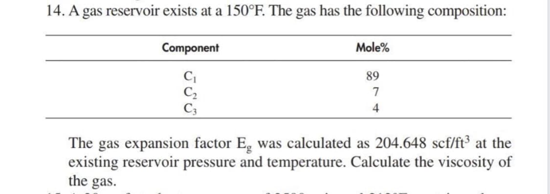 14. A gas reservoir exists at a 150°F. The gas has the following composition:
Component
Mole%
C
C2
C3
89
7
4
The gas expansion factor E, was calculated as 204.648 scf/ft³ at the
existing reservoir pressure and temperature. Calculate the viscosity of
the gas.
