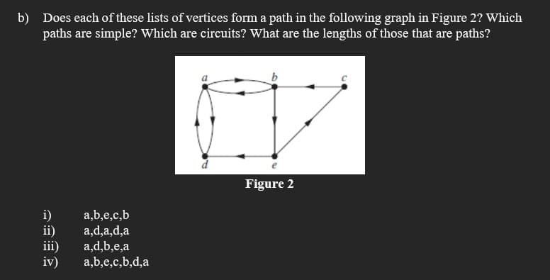 b) Does each of these lists of vertices form a path in the following graph in Figure 2? Which
paths are simple? Which are circuits? What are the lengths of those that are paths?
Figure 2
i)
ii)
iii)
iv)
a,b,e,c,b
a,d,a,d,a
a,d,b,e,a
a,b,e,c,b,d,a

