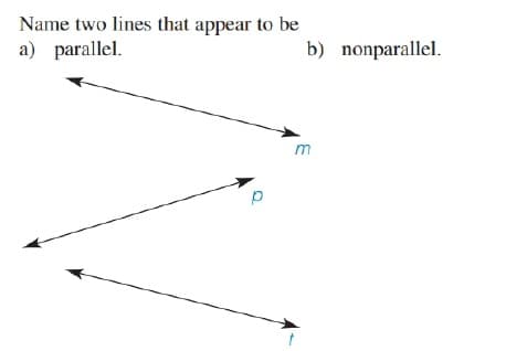 Name two lines that appear to be
a) parallel.
b) nonparallel.
m
