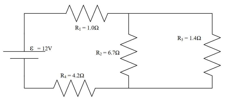 R1 = 1.02
R3 = 1.4N
E = 12V
R2 = 6.7N
R4 = 4.20
