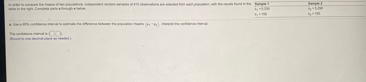 In order to compare the means of two populations, independent random samples of 410 observations are selected from each.population, with the results found in the Sample 1
table to the right. Complete parts a through e below.
X = 5,339
s, = 158
Sample 2
X2 = 5,298
$2 = 193
a. Use a 95% confidence interval to estimate the difference between the population means (H1 -42)- Interpret the confidence interval.
The confidence interval is ( ).
(Round to one decimal place as needed.)
