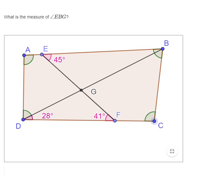 What is the measure of ZEBG?
В
A
E
45°
G
28°
41 F
D
