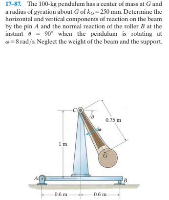 17-87. The 100-kg pendulum has a center of mass at G and
a radius of gyration about G of kg=250 mm. Determine the
horizontal and vertical components of reaction on the beam
by the pin A and the normal reaction of the roller B at the
instant e = 90° when the pendulum is rotating at
w =8 rad/s. Neglect the weight of the beam and the support.
0.75 m
0.6 m
0.6 m
