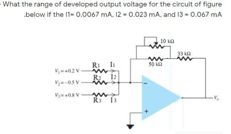 What the range of developed output voltage for the circuit of figure
.below if the I1= 0.0067 mA, 12 = 0.023 mA, and 13 = 0.067 mA
10 ka
33 ka
RI I
50 ka
V, = +0.2 V-
R2. 12
V3=-0.5 V
V3= +08 V-
R3 13
