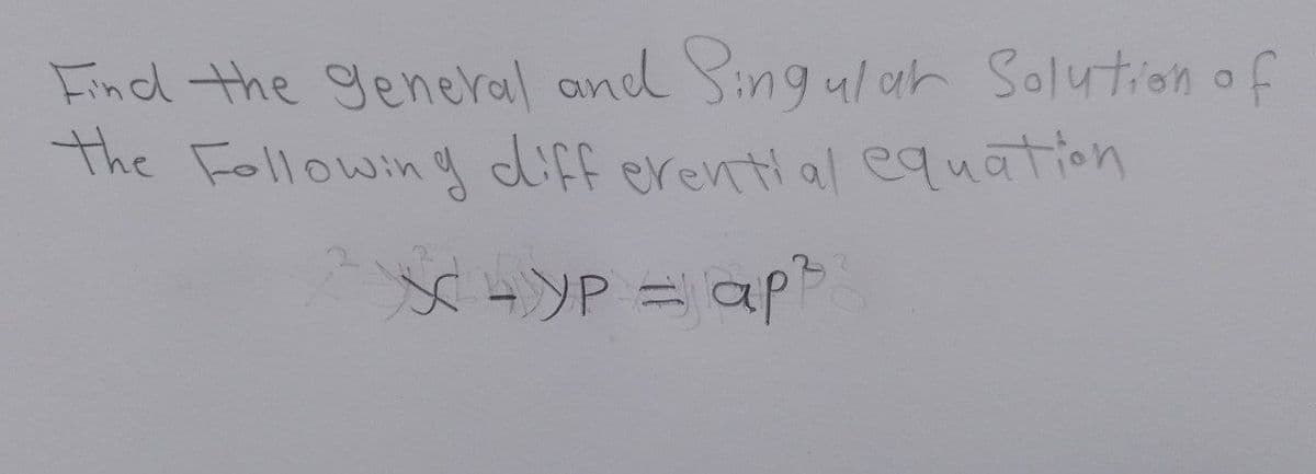 Find the general and Singular Solution of
the Following differential equation
X-YP = ap²