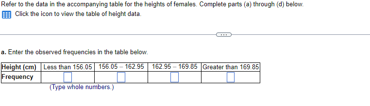 Refer to the data in the accompanying table for the heights of females. Complete parts (a) through (d) below.
Click the icon to view the table of height data.
a. Enter the observed frequencies in the table below.
Height (cm) Less than 156.05| 156.05 – 162.95 | 162.95 – 169.85 |Greater than 169.85
Frequency
(Type whole numbers.)
