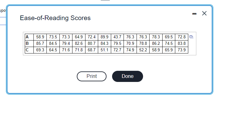 - X
Ease-of-Reading Scores
A 58.9 73.5 73.3 64.9 72.4 89.9 43.7 76.3 76.3 78.3 69.5 72.8 e
B
85.7 84.5 79.4 82.6 80.7 84.3 79.5 70.9 78.8 86.2 74.5 83.8
69.3 64.5 71.6 71.8 68.7 51.1 72.7 74.9 52.2 58.9 65.9 73.9
Print
Done
