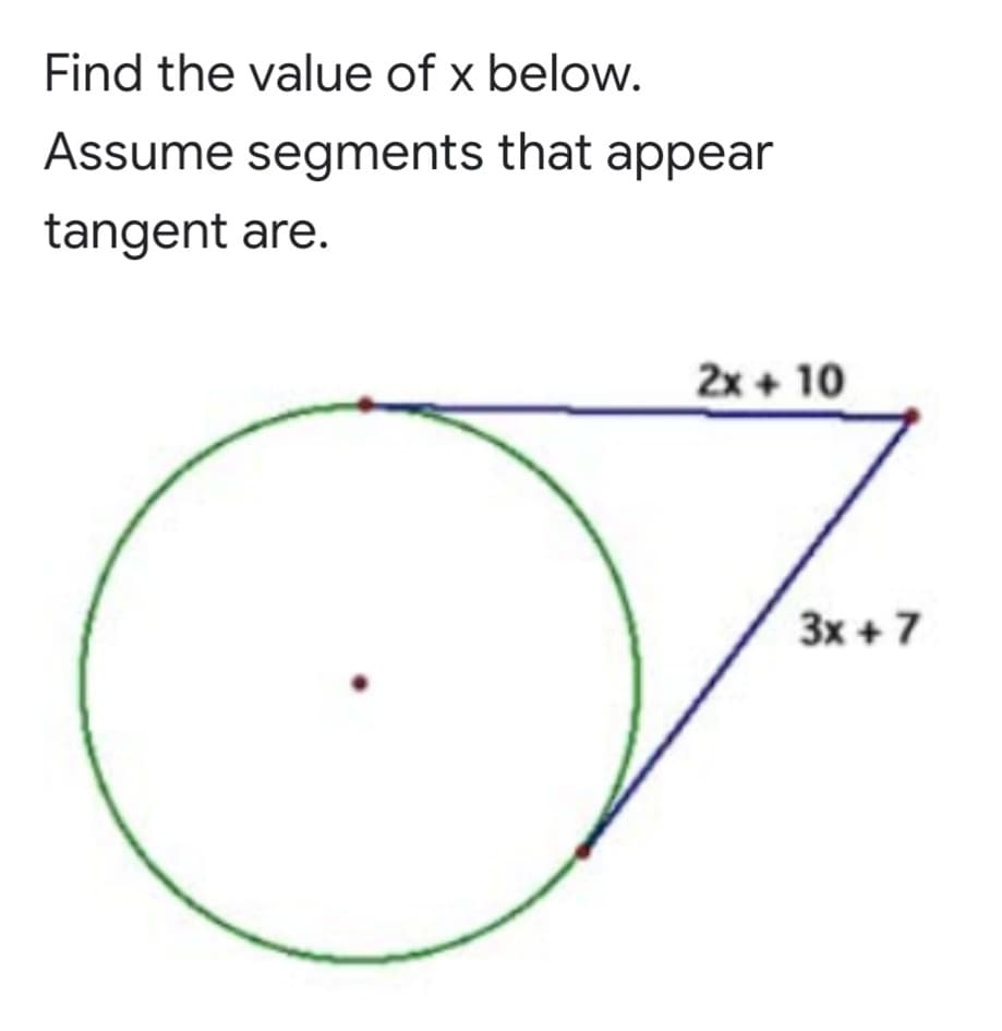 Find the value of x below.
Assume segments that appear
tangent are.
2x + 10
3x + 7
