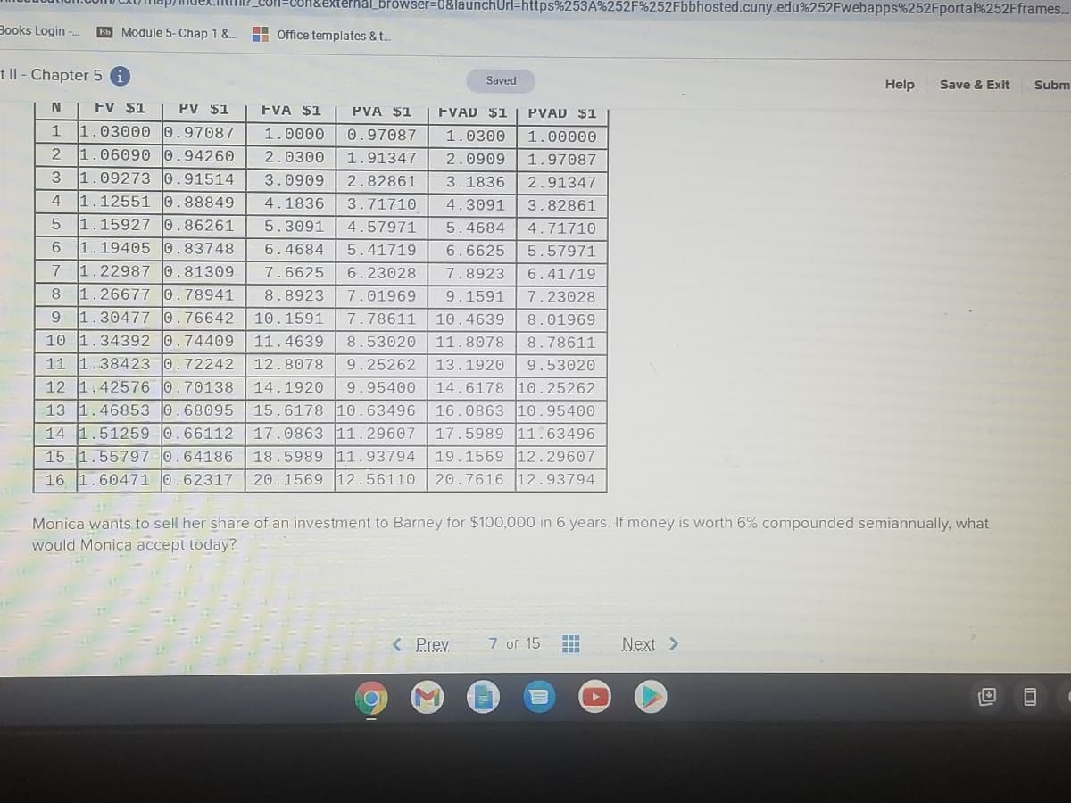 Con=Con&exterhal browser=0&launchUrl=https%253A%252F%252Fbbhosted.cuny.edu%252Fwebapps%252Fportal%252Fframes.
Books Login
Bb Module 5- Chap 1 &.
H Office templates &t..
t Il - Chapter 5 i
Saved
Help
Save & Exit
Subm
FV $1
PV $1
FVA $1
PVA $1
FVAD $1
PVAD $1
1
1.03000 0.97087
1.0000
0.97087
1.0300
1.00000
2
1.06090 0.94260
2.0300
1.91347
2.0909
1.97087
3
1.09273 0.91514
3.0909
2.82861
3.1836
2.91347
1.12551 0.88849
1.15927 0.86261
4
4.1836
3.71710
4.3091
3.82861
5.3091
4.57971
5.4684
4.71710
6.
1.19405 0.83748
6.4684
5.41719
6.6625
5.57971
1.22987 0.81309
7.6625
6.23028
7.8923
6.41719
1.26677 0.78941
1.30477 0.76642
8
8.8923
7.01969
9.1591
7.23028
9
10.1591
7.78611
10.4639
8.01969
10 1.34392 0.74409
11 1.38423 0.72242
12 1.42576 0.70138
13 1.46853 0.68095
14 1.51259 0.66112
15 1.55797 0.64186
11.4639
8.53020
11.8078
8.78611
12.8078
9.25262
13.1920
9.53020
14.1920
9.95400
14.6178 10.25262
15.6178 10.63496
16.0863 10.95400
17.5989 11.63496
17.0863 11.29607
18.5989 11.93794
20.1569 12.56110
19.1569 12.29607
16 1.60471 0.62317
20.7616 12.93794
Monica wants to sell her share of an investment to Barney for $100,000 in 6 years. If money is worth 6% compounded semiannually, what
would Monica accept today?
< Prev
7 of 15
Next >

