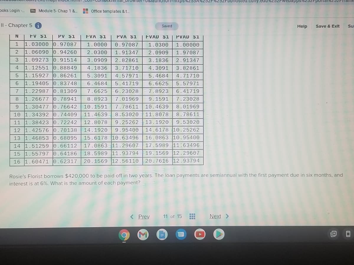=U&launchmuri=nttps76253A
pps76252rportal6252FITal
poks Login -.
Bb Module 5- Chap 1 &.
H Office templates & t..
Il - Chapter 5 6
Sul
Saved
Help
Save & Exit
N
FV $1
PV $1
FVA $1
PVA $1
FVAD $1
PVAD $1
1
1.03000 0.97087
1.0000
0.97087
1.0300
1.000Θ
1.06090 0.94260
2.0300
1.91347
2.0909
1.97087
1.09273 o.91514
3.0909
2.82861
3.1836
2.91347
1.12551 0.88849
1.15927 0.86261
1.19405 0.83748
4
4.1836
3.71710
4.3091
3.82861
5.3091
4.57971
5.4684
4.71710
6
6.4684
5.41719
6.6625
5.57971
1.22987 0.81309
7.6625
6.23028
7.8923
6.41719
8
1.26677 0.78941
8.8923
7.01969
9.1591
7.23028
1.30477 0.76642
10.1591
7.78611
10.4639
8.01969
10 1.34392 0.74409
11 1.38423 0.72242
11.4639
8.53020
11.8078
8.78611
12.8078
9.25262
13.1920
9.53020
14.6178 10.25262
16.0863 10.95400
12 1.42576
0.70138
14.1920
9.95400
13 1.46853 0.68095
15.6178 10.63496
17.5989 11.63496
17.0863 11.29607
18.5989 11.93794 19.1569 12.29607
20.1569 12.56110
14 1.51259 0.66112
15 1.55797 0.64186
16 1.60471 0.62317
20.7616 12.93794
Rosie's Florist borrows $420,000 to be paid off in two years. The loan payments are semiannual with the first payment due in six months, and
interest is at 6%. What is the amount of each payment?
...
Prev
11 of 15
Next >
