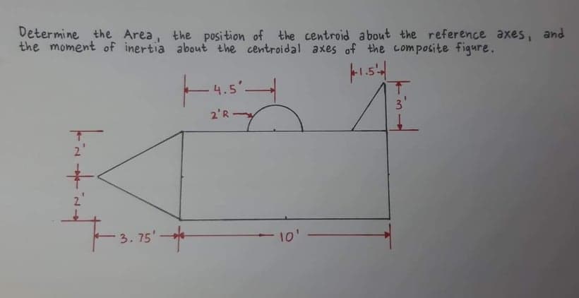 Determine the Area, the position of the centroid about the reference axes, and
the moment of inertia about the centroidal axes of the composite figure.
4.5'
3'
2'Ry
2
2.
3. 75'
10'
