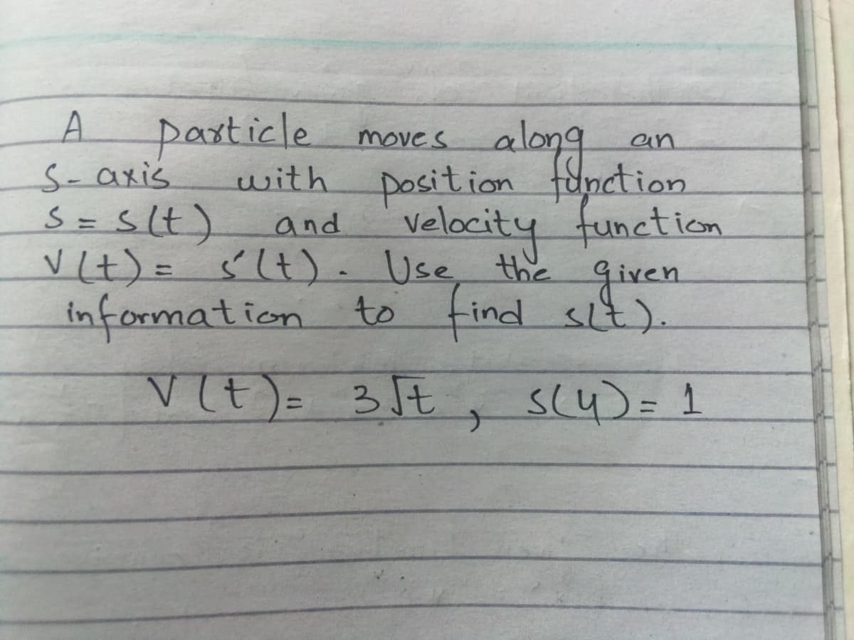 A.
particle
moves along
position function
an
S-axis
with
S=slt).
and velocity function
VIt) = ŚIt). Use, the qiven
information to find sit).
VIt)= 3lt
s(4)= 1
