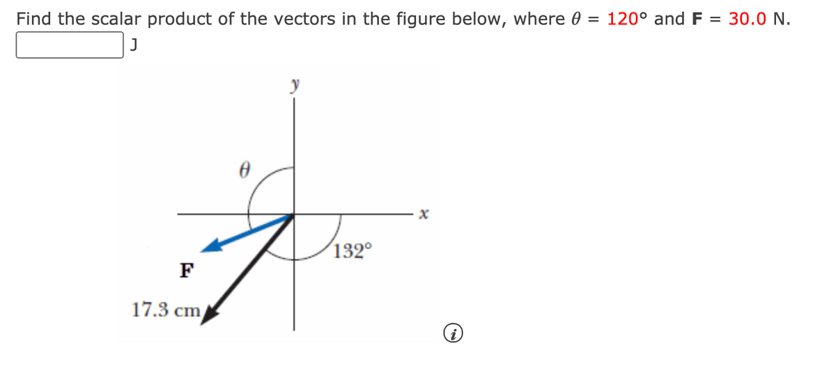 Find the scalar product of the vectors in the figure below, where 0 = 120° and F = 30.0 N.
(132°
F
17.3 cm
