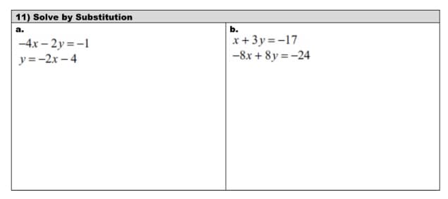 11) Solve by Substitution
a.
b.
x+3y=-17
-8x + 8y =-24
-4x – 2y = -1
y =-2x – 4
