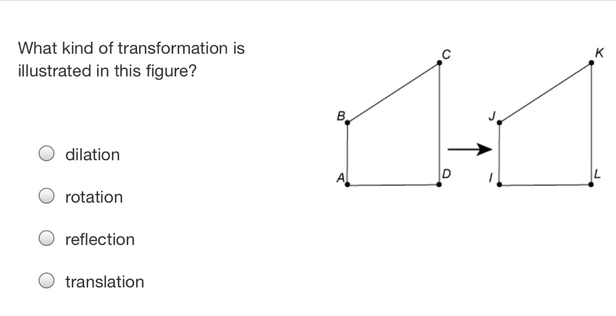 What kind of transformation is
K
illustrated in this figure?
dilation
Al
rotation
reflection
translation
