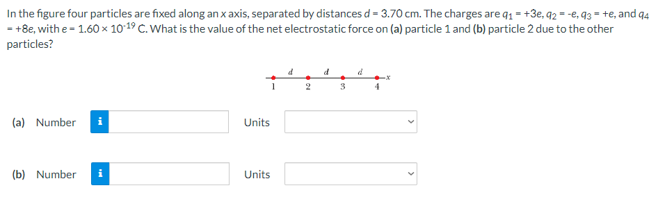 In the figure four particles are fixed along an x axis, separated by distances d = 3.70 cm. The charges are q1 = +3e, q2 = -e, q3 = +e, and q4
= +8e, with e = 1.60 × 10-19 C. What is the value of the net electrostatic force on (a) particle 1 and (b) particle 2 due to the other
particles?
d
d
d
2
4
(a) Number
i
Units
(b) Number
i
Units
>
