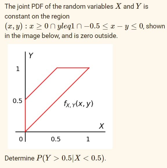 The joint PDF of the random variables X and Y is
constant on the region
(x, y) : x 20n yleql n-0.5 < x – y < 0, shown
in the image below, and is zero outside.
Y
1
0.5
fx, y(x, y)
0.5
1
Determine P(Y > 0.5|X < 0.5).
