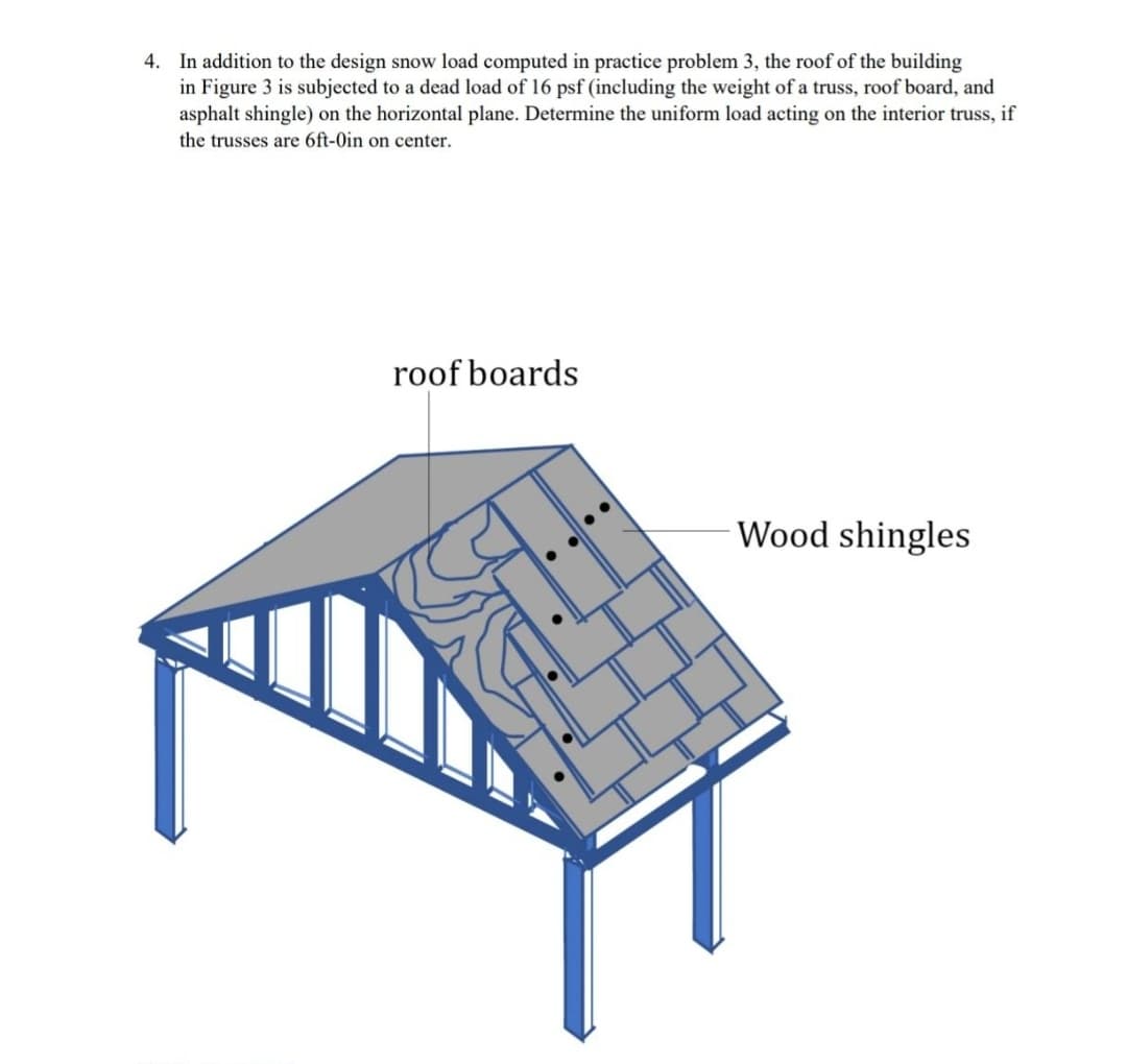 4. In addition to the design snow load computed in practice problem 3, the roof of the building
in Figure 3 is subjected to a dead load of 16 psf (including the weight of a truss, roof board, and
asphalt shingle) on the horizontal plane. Determine the uniform load acting on the interior truss, if
the trusses are 6ft-0in on center.
roof boards
Wood shingles

